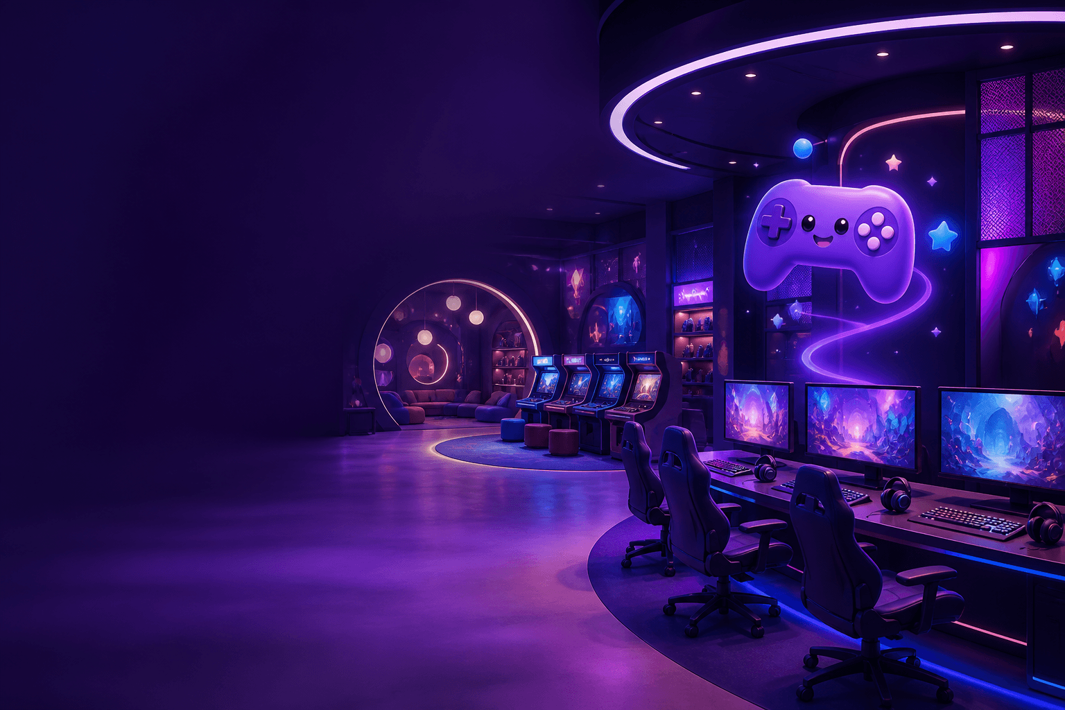 A welcoming purple game arena with arcade machines and game stations